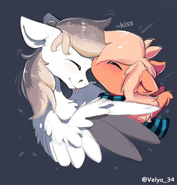 Size: 984x1032 | Tagged: safe, artist:velya_34, derpibooru import, oc, oc:keji, oc:mirta whoowlms, pegasus, pony, clothes, eyes closed, female, floppy ears, forehead kiss, hug, image, kejitash, kissing, male, mare, married couple, oc x oc, png, scarf, shipping, simple background, smiling, spread wings, stallion, straight, tongue out, wings