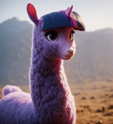 Size: 1580x1728 | Tagged: safe, ai content, machine learning generated, stable diffusion, twilight sparkle, alpaca, hybrid, unicorn, 3d, cute, detailed, detailed fur, fluffy, generator:pony diffusion v6 xl, horn, image, jpeg, purple eyes, purple fur, purple hair, solo