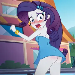 Size: 1024x1024 | Tagged: suggestive, ai content, anonymous prompter, derpibooru import, machine learning generated, stable diffusion, rarity, human, equestria girls, ass, blushing, butt, embarrassed, female, g4, generator:pony diffusion v6 xl, humanized, image, jpeg, looking back, naked towel, public, rear view, rearity, shocked, solo, solo female, towel