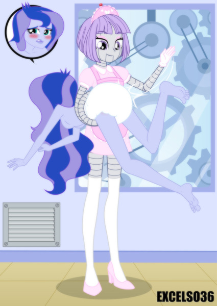 Size: 662x935 | Tagged: suggestive, alternate version, artist:excelso36, derpibooru import, princess luna, human, robot, equestria girls, abuse, alternate character, ass, barefoot, blushing, butt, clothes, commission, diaper, diaper fetish, feet, female, fetish, g4, gynoid, humiliation, image, jpeg, nudity, partial nudity, spanking, vice principal luna, worried, ych result