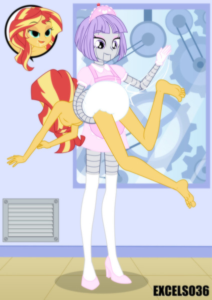 Size: 662x935 | Tagged: suggestive, alternate version, artist:excelso36, derpibooru import, sunset shimmer, human, robot, equestria girls, abuse, alternate character, ass, barefoot, blushing, butt, clothes, commission, diaper, diaper fetish, drool, feet, female, fetish, g4, gynoid, humiliation, image, jpeg, lidded eyes, mental regression, no catchlights, spanking, ych result