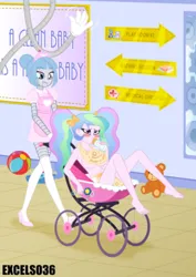 Size: 880x1242 | Tagged: suggestive, artist:excelso36, derpibooru import, part of a set, princess celestia, human, robot, equestria girls, abdl, baby bottle, baby carriage, barefoot, bib, diaper, diaper fetish, feet, female, fetish, gynoid, humiliation, image, nanny, non-baby in diaper, nudity, nursery, partial nudity, pigtails, png, principal celestia, rattle, toy