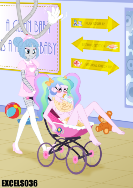 Size: 880x1242 | Tagged: suggestive, alternate version, artist:excelso36, derpibooru import, part of a set, princess celestia, human, robot, equestria girls, abdl, baby bottle, baby carriage, barefoot, bib, diaper, diaper fetish, feet, female, fetish, gynoid, humiliation, image, nanny, non-baby in diaper, nudity, nursery, partial nudity, pigtails, png, principal celestia, rattle, toy, wet diaper
