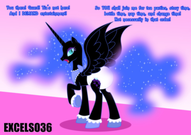Size: 1058x749 | Tagged: safe, artist:excelso36, derpibooru import, nightmare moon, clothes, concave belly, diaper, female, g4, helmet, image, jpeg, non-baby in diaper, poofy diaper, shoes, simple background, slender, solo, thin