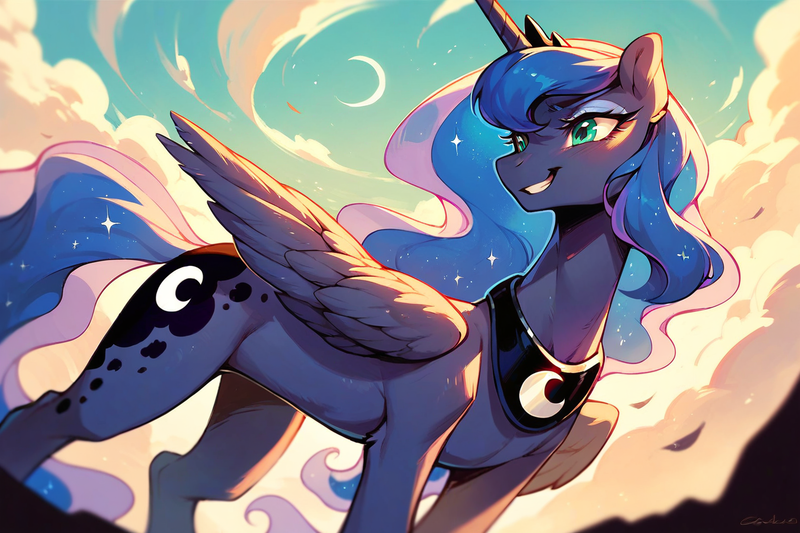 Size: 1344x896 | Tagged: safe, ai content, derpibooru import, machine learning generated, prompter:saberclaw1x, princess luna, alicorn, pony, backlighting, cloud, concave belly, crescent moon, female, fit, g4, grin, image, mare, moon, png, slender, smiling, solo, sternocleidomastoid, thin, turned head
