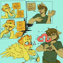 Size: 2500x2500 | Tagged: suggestive, artist:currentlytr_ash, derpibooru import, spitfire, oc, oc:chocolate chips, anthro, earth pony, pegasus, pony, big breasts, blushing, breasts, busty spitfire, canon x oc, cleavage, comic, commission, dialogue, erect nipples, exclamation point, female, firechips, floppy ears, heart hands, high res, image, imminent sex, implied cunnilingus, implied oral, implied sex, impossibly long tongue, light blue background, long tongue, male, mare, nipple outline, png, shipping, simple background, sparkles, speech bubble, spread wings, stallion, straight, tongue out, wings