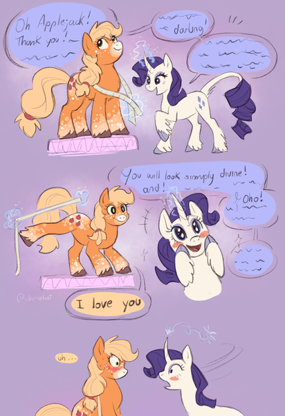 Size: 1405x2048 | Tagged: safe, artist:amavaria, artist:chucrukat, artist:churrokat, derpibooru import, applejack, rarity, classical unicorn, earth pony, pony, unicorn, alternate design, alternate tailstyle, blushing, cloven hooves, coat markings, colored muzzle, comic, dialogue, duo, duo female, emanata, eyebrows, eyebrows visible through hair, eyeshadow, facial markings, female, freckles, g4, glow, glowing horn, hatless, horn, image, leg freckles, leonine tail, lesbian, magic, makeup, mare, mealy mouth (coat marking), measuring tape, missing accessory, open mouth, open smile, orange coat, png, ponytail, purple background, purple mane, purple tail, raised hoof, raised leg, rarijack, ringlets, shipping, signature, simple background, smiling, socks (coat marking), speech bubble, standing, tail, tail fluff, talking, telekinesis, text, tied mane, tied tail, unshorn fetlocks, white coat, wingding eyes
