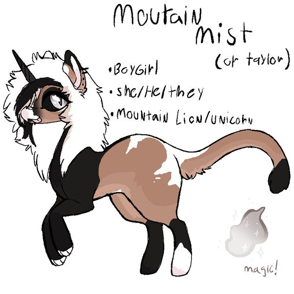 Size: 900x900 | Tagged: source needed, safe, artist:mischiefhooves, derpibooru import, oc, oc:mountain mist, unofficial characters only, big cat, cat, cat pony, hybrid, original species, pony, unicorn, boygirl, cat tail, coat markings, colored horn, emo, horn, hybrid oc, image, mountain lion, mountain lion pony, nonbinary, paint, paws, png, pronouns, reference sheet, simple background, socks (coat marking), tail, tongue out, transgender, unicorn oc, white background