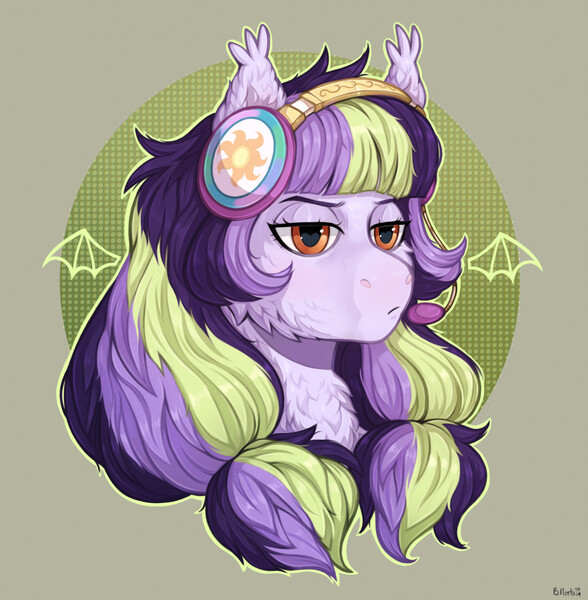 Size: 1900x1939 | Tagged: safe, artist:birdoffnorth, derpibooru import, oc, oc:fizzle, unofficial characters only, bat pony, pony, bat pony oc, bat wings, bust, chest fluff, commission, female, headphones, image, jpeg, lidded eyes, mare, solo, wings