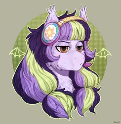 Size: 1900x1939 | Tagged: safe, artist:birdoffnorth, derpibooru import, oc, oc:fizzle, unofficial characters only, bat pony, pony, bat pony oc, bat wings, bust, chest fluff, commission, female, headphones, image, jpeg, lidded eyes, mare, solo, wings