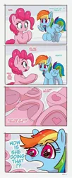 Size: 1679x4096 | Tagged: safe, artist:pabbley, derpibooru import, pinkie pie, rainbow dash, earth pony, pegasus, pony, comic, dialogue, duo, duo female, faic, female, frog (hoof), g4, high res, hoof heart, hoofbutt, image, jpeg, mare, open mouth, pinkie being pinkie, rainbow dash is best facemaker, underhoof