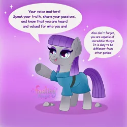 Size: 1500x1500 | Tagged: safe, artist:faelingmagic, derpibooru import, maud pie, earth pony, pony, clothes, dialogue, dress, female, g4, image, jpeg, mare, open mouth, open smile, rock, signature, smiling, solo