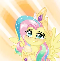 Size: 1760x1805 | Tagged: safe, artist:flutterbug18, derpibooru import, fluttershy, pegasus, pony, blushing, bust, clothes, cosplay, costume, crown, cute, fake horn, female, floppy ears, image, jewelry, mare, png, regalia, shyabetes, shylestia, smiling, solo, spread wings, sunburst background, wings