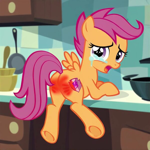 Size: 1024x1024 | Tagged: prompter needed, safe, ai content, derpibooru import, machine learning generated, scootaloo, pegasus, /mlp/, 4chan, crying, cute, cutealoo, g4, image, jpeg, punishment, spank mark, spanked