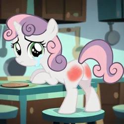 Size: 1024x1024 | Tagged: prompter needed, safe, ai content, banned from derpibooru, deleted from derpibooru, derpibooru import, machine learning generated, sweetie belle, unicorn, /mlp/, 4chan, crying, g4, horn, image, jpeg, spank mark, spanked