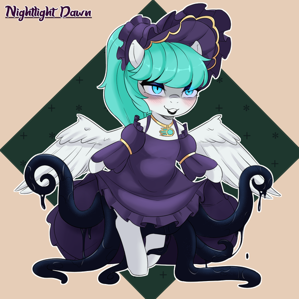 Size: 1200x1200 | Tagged: questionable, artist:nightlight dawn, derpibooru import, oc, oc:lucid mirage, unofficial characters only, pegasus, blushing, clothes, dress, evil, evil grin, female, grin, image, octopussoir, png, smiling, solo, tentacles