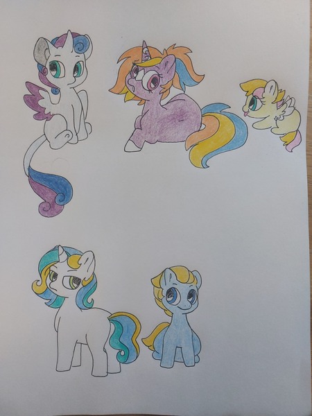 Size: 3468x4624 | Tagged: safe, artist:doodletheexpoodle, derpibooru import, oc, oc:ballroom blitz, oc:blueberry muffin, oc:pansy petals, oc:serene remedy, oc:starship, unofficial characters only, alicorn, earth pony, pegasus, pony, unicorn, baby, baby pony, blank flank, colt, female, filly, foal, horn, image, jpeg, leonine tail, lying down, magical gay spawn, magical lesbian spawn, male, offspring, offspring's offspring, parent:oc:margalo, parent:oc:moonstone, parent:oc:northern star, parent:oc:ocean tide, parent:oc:scribble pie, parent:oc:speedwell, parent:princess flurry heart, parents:canon x oc, parents:oc x oc, prone, sitting, spread wings, tail, tongue out, traditional art, wings