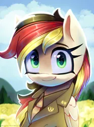 Size: 2228x3000 | Tagged: safe, artist:opal_radiance, derpibooru import, oc, oc:anja snow, unofficial characters only, pegasus, pony, equestria at war mod, bust, clothes, fangs, female, folded wings, image, looking at you, mare, multicolored hair, multicolored mane, necktie, png, portrait, smiling, smiling at you, solo, wings