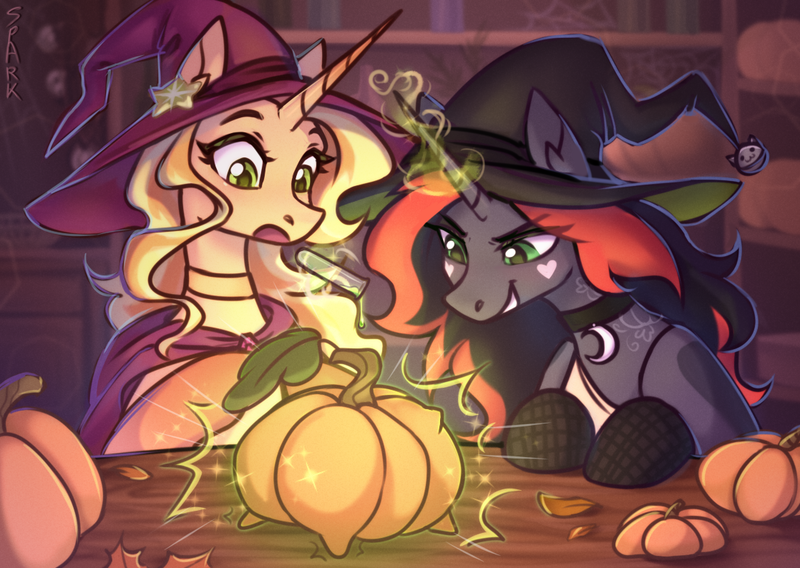 Size: 1118x794 | Tagged: safe, artist:sparkling_light, derpibooru import, oc, pony, unicorn, choker, clothes, duo, female, hat, horn, image, looking at someone, magic, npn (nightmare pony night), open mouth, png, potion, pumpkin