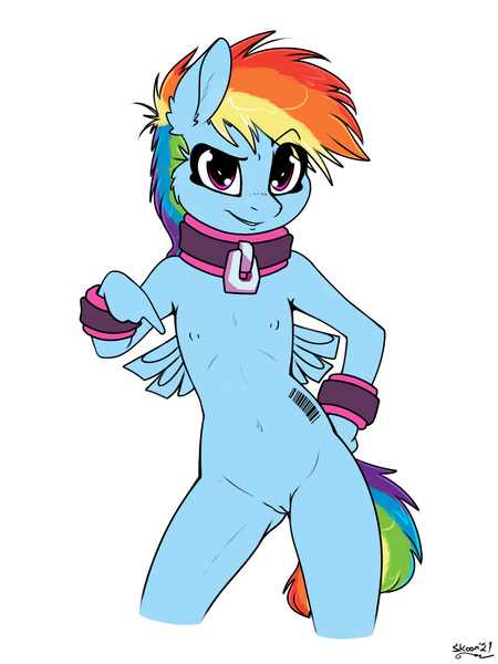 Size: 1500x2000 | Tagged: explicit, anonymous editor, artist:skoon, banned from derpibooru, edit, ponerpics import, ponybooru import, rainbow dash, anthro, pegasus, pony, barcode, breasts, clipped wings, collar, cuffs, delicious flat chest, female, filly, filly rainbow dash, foal, image, lolicon, looking at you, nipples, nudity, png, pointing, simple background, small breasts, solo, solo female, tattoo, underage, vulva, white background, wings, younger
