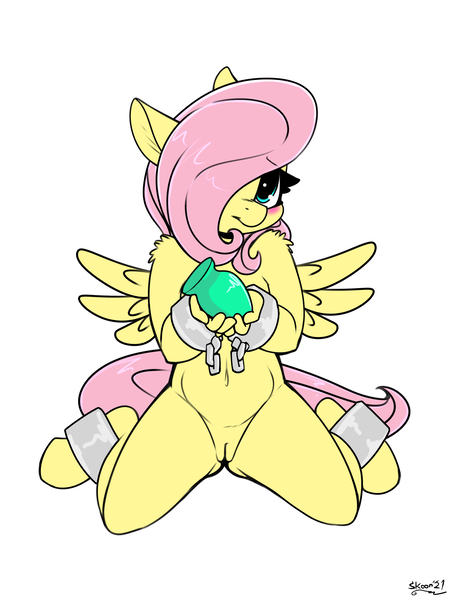 Size: 1500x2000 | Tagged: explicit, anonymous editor, artist:skoon, banned from derpibooru, edit, ponerpics import, ponybooru import, fluttershy, anthro, pegasus, pony, unguligrade anthro, belly button, blushing, buttplug, casual nudity, cuffs, cute, cute porn, female, femsub, filly, filly fluttershy, fluttersub, foal, image, kneeling, lolicon, looking at you, nudity, png, sex toy, shoulder fluff, simple background, sitting, solo, solo female, spread legs, spreading, submissive, underage, vulva, white background, younger