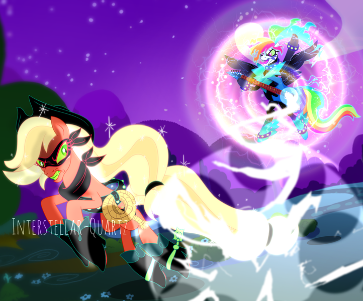 Size: 8251x6857 | Tagged: safe, artist:interstellar-quartz, derpibooru import, applejack, rainbow dash, earth pony, pegasus, pony, absurd file size, absurd resolution, bandana, base used, boots, bracelet, choker, clothes, cowboy boots, dexterous hooves, domino mask, duo, duo female, electric guitar, eternal night au (janegumball), female, green sclera, gritted teeth, guitar, hoof hold, image, lasso, mask, musical instrument, night, nightmare applejack, nightmare rainbow dash, nightmarified, open mouth, png, rope, shoes, signature, slit pupils, spiked choker, spiked wristband, teeth, tongue out, wristband