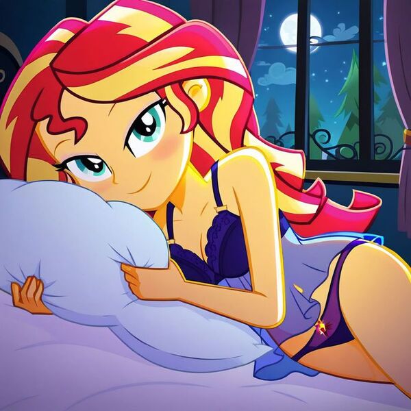 Size: 700x700 | Tagged: suggestive, ai content, derpibooru import, machine learning generated, sunset shimmer, equestria girls, bedroom eyes, g4, image, jpeg, looking at you, negligee, show accurate, smiling