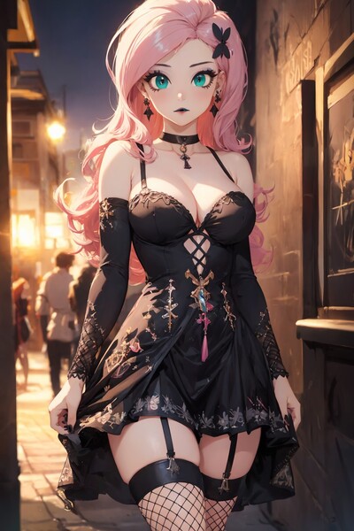 Size: 1024x1536 | Tagged: safe, ai content, derpibooru import, editor:sammykun, machine learning generated, fluttershy, human, bare shoulders, breasts, busty fluttershy, choker, cleavage, clothes, detached sleeves, ear piercing, earring, emotionless, female, female focus, fishnet clothing, fishnets, full body, g4, generator:yodayo, goth, gothic, humanized, image, jacket, jewelry, jpeg, long hair, long sleeves, looking at you, midriff, night, outdoors, outfit, pantyhose, piercing, prompter:sammykun, punk, reasonably sized breasts, ribcage, shoes, skirt, slender, socks, solo focus, stockings, straps, thigh highs, thin