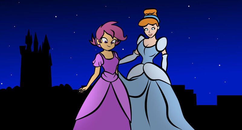 Size: 1280x690 | Tagged: safe, artist:lunascastle, derpibooru import, scootaloo, human, equestria girls, alternate hairstyle, castle, cinderella, clothes, curtsey, cute, cutealoo, dress, duo, evening gloves, g4, gloves, gown, grin, hair bun, hairband, image, jpeg, long gloves, night, poofy shoulders, scootalove, smiling