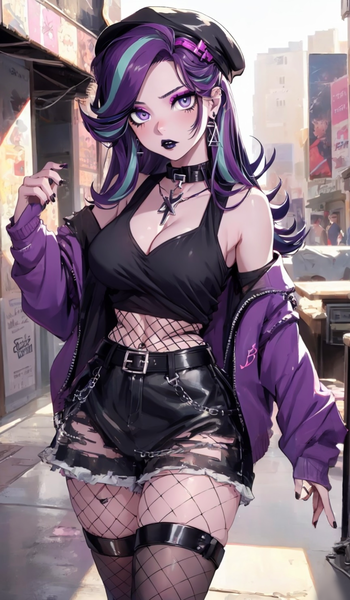 Size: 896x1536 | Tagged: safe, ai content, derpibooru import, editor:sammykun, machine learning generated, starlight glimmer, human, beanie, beanie hat, belly button, belt, black lipstick, black nail polish, breasts, busty starlight glimmer, chains, choker, cleavage, clothes, emotionless, female, female focus, fishnet clothing, fishnet pantyhose, fishnets, g4, generator:yodayo, goth, hat, humanized, image, jacket, jewelry, lipstick, long hair, midriff, necklace, outdoors, pants, pantyhose, piercing, png, prompter:sammykun, ripped pants, shirt, short shirt, sleeveless, sleeveless shirt, socks, solo focus, stockings, street, thigh highs, torn clothes
