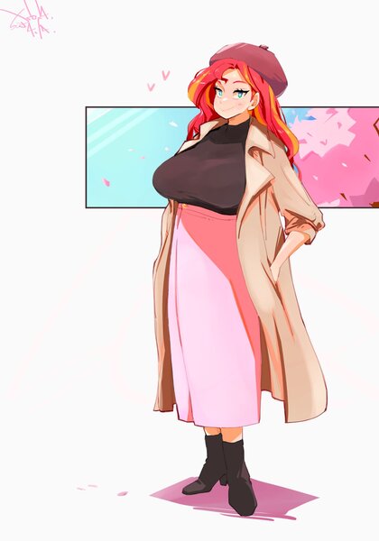 Size: 1400x2000 | Tagged: safe, artist:sozglitch, derpibooru import, sunset shimmer, human, beret, big breasts, black shirt, boots, breasts, busty sunset shimmer, cherry blossoms, clothes, coat, female, flower, flower blossom, hand in pocket, hat, humanized, image, jacket, jpeg, long skirt, looking at you, shoes, skirt, smiling, smiling at you, spring