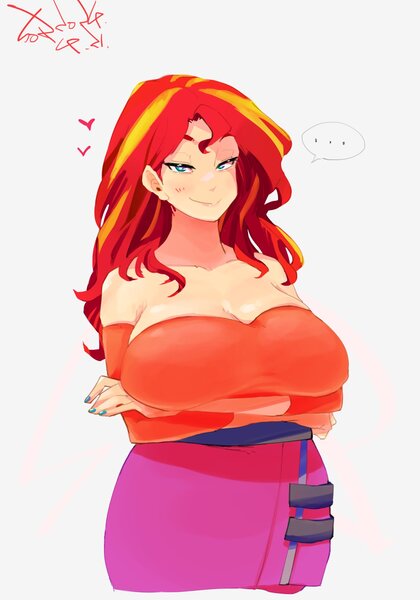 Size: 1400x2000 | Tagged: safe, artist:sozglitch, derpibooru import, sunset shimmer, human, ..., arm under breasts, bare shoulders, big breasts, breasts, busty sunset shimmer, clothes, crossed arms, female, floating heart, heart, huge breasts, humanized, image, jpeg, looking at you, skirt, smiling, smiling at you