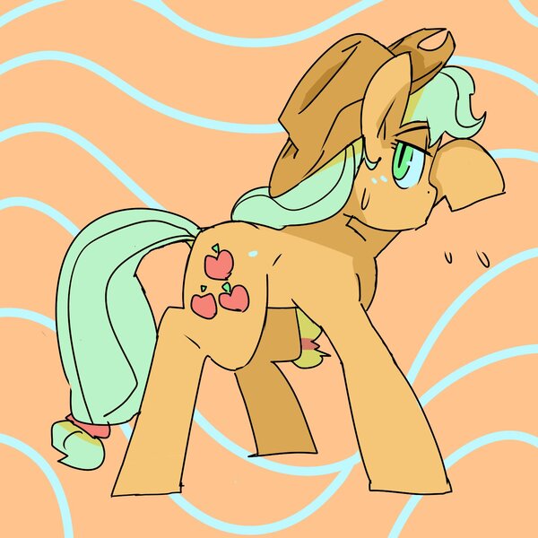 Size: 1500x1500 | Tagged: safe, artist:baigak, derpibooru import, applejack, earth pony, pony, female, image, jpeg, looking at you, mare, orange background, simple background, solo, sweat