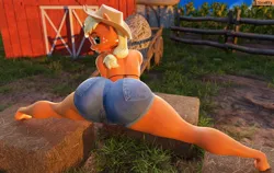 Size: 1200x759 | Tagged: suggestive, artist:smitty, derpibooru import, applejack, anthro, earth pony, plantigrade anthro, 3d, applebutt, ass, barefoot, barn, bikini, bikini top, butt, cart, clothes, cowboy hat, denim, denim shorts, detailed background, feet, female, flexible, freckles, g4, hair accessory, hat, hay bale, image, jpeg, looking at you, looking back, outdoors, plant, ponytail, rear view, shorts, solo, solo female, source filmmaker, splits, swimsuit, the ass was fat, thighs, tied hair