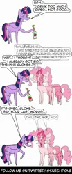 Size: 1000x2400 | Tagged: safe, artist:sneshpone, derpibooru import, pinkie pie, twilight sparkle, twilight sparkle (alicorn), alicorn, too many pinkie pies, alcoholic, double vision, drunk, g4, go home you're drunk, hard cider, image, jpeg, this will end in death