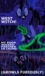 Size: 530x894 | Tagged: safe, derpibooru import, edit, edited screencap, editor:incredibubbleirishguy, screencap, queen chrysalis, to where and back again, what lies beneath, caption, comic, dark, furious, g4, hat, image, image macro, implied starlight glimmer, mourning, png, quote, rain, reference, reference used, screencap comic, text, the little mermaid, the wizard of oz, ursula, wicked witch, wicked witch of the west, witch hat