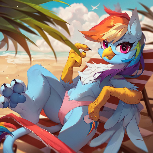 Size: 1024x1024 | Tagged: suggestive, ai content, derpibooru import, machine learning generated, prompter:pzkratzer, stable diffusion, rainbow dash, gryphon, beach, clothes, cute, griffonized, image, lying down, on back, panties, paws, png, rainbow griffon, solo, species swap, sunbathing, underpaw, underwear