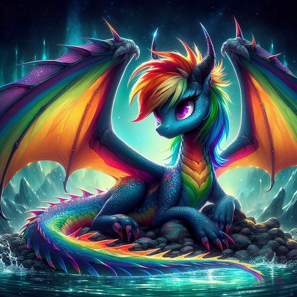 Size: 1024x1024 | Tagged: safe, ai content, derpibooru import, machine learning generated, rainbow dash, dragon, cavern, claws, dragonified, female, g4, generator:dall-e 3, horns, image, jpeg, solo, solo female, species swap, spread wings, wings