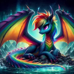 Size: 1024x1024 | Tagged: safe, ai content, derpibooru import, machine learning generated, rainbow dash, dragon, cavern, claws, dragonified, female, g4, generator:dall-e 3, horns, image, jpeg, solo, solo female, species swap, spread wings, wings