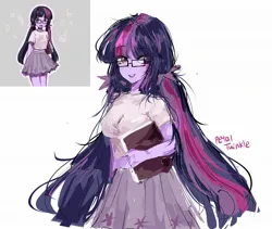 Size: 2048x1726 | Tagged: safe, artist:petaltwinkle, artist:sugarcube269, derpibooru import, twilight sparkle, equestria girls, alternate clothes, alternate design, alternate hairstyle, blushing, clothes, colored sketch, eye clipping through hair, eyebrows, eyebrows visible through hair, female, g4, glasses, holding book, image, jpeg, long hair, multicolored hair, open mouth, open smile, pigtails, purple eyes, purple skin, shirt, signature, simple background, sketch, skirt, smiling, solo, square glasses, t-shirt, thin, tied hair, twintails, white background, wingding eyes