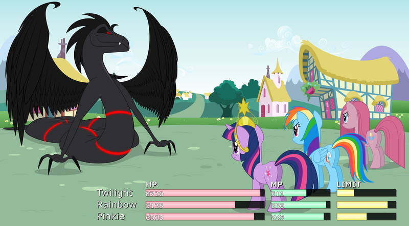 Size: 2872x1587 | Tagged: safe, artist:culu-bluebeaver, derpibooru import, pinkie pie, rainbow dash, twilight sparkle, oc, oc:plague, demon, earth pony, pegasus, pony, serpent, unicorn, comic:the six-winged serpent, boss battle, canon x oc, claws, cloud, digital, digital art, element of laughter, element of loyalty, element of magic, fangs, fight, health bars, horn, house, image, mountain, png, ponyville, red eyes, rpg, vector, wings