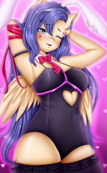 Size: 700x1133 | Tagged: safe, artist:rafi, derpibooru import, oc, oc:star guardian, anthro, pegasus, bunny ears, bunny suit, clothes, ear fluff, harness, image, jpeg, leotard, long mane, necktie, purple eyes, ribbon, socks, solo, spread wings, stockings, tack, thigh highs, wings