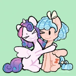 Size: 2048x2048 | Tagged: safe, artist:starrymysteryy, derpibooru import, cozy glow, princess flurry heart, alicorn, pegasus, pony, eyes closed, female, filly, foal, green background, grin, hug, image, jpeg, older, one eye closed, simple background, sitting, smiling, spread wings, wings