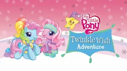 Size: 1280x720 | Tagged: safe, derpibooru import, official, pinkie pie (g3), rainbow dash (g3), twinkle wish, earth pony, pony, g3, twinkle wish adventure, clothes, g3.5, gloves, image, jpeg, looking at you, my little pony logo, open mouth, open smile, raised hoof, scarf, smiling, snow, snowflake, winter outfit
