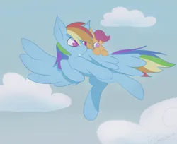 Size: 4152x3382 | Tagged: safe, artist:tkshoelace, derpibooru import, rainbow dash, scootaloo, pegasus, pony, cloud, flying, g4, image, png, raised hoof