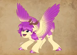 Size: 4960x3508 | Tagged: safe, artist:haruh_ink, derpibooru import, oc, oc:purple wingshade, deer, deer pony, hybrid, original species, pegasus, pony, antlers, colored wings, deer oc, deer tail, freckles, hoof fluff, image, multicolored wings, non-pony oc, pegasus oc, png, solo, tail, wings