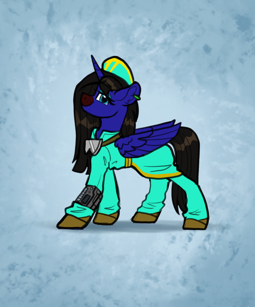 Size: 1551x1872 | Tagged: safe, artist:helmie-art, derpibooru import, oc, oc:nubiála noča, unofficial characters only, alicorn, pony, fallout equestria, fanfic:fallout equestria - to bellenast, artificial alicorn, clothes, goggles, image, jpeg, safety goggles, scrubs (gear)