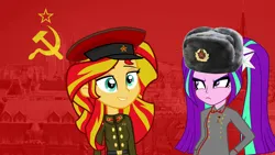 Size: 1192x670 | Tagged: artist needed, safe, aria blaze, sunset shimmer, equestria girls, rainbow rocks, aria blaze is not amused, communism, hammer and sickle, image, kgb, moscow, png, red star, ship:sunshowerblaze, soviet, soviet shimmer, soviet union, unamused