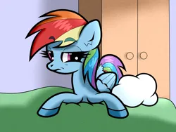 Size: 2000x1500 | Tagged: safe, artist:scandianon, derpibooru import, rainbow dash, pegasus, pony, bed, bedroom, cloud, dresser, female, image, indoors, looking at you, lying down, mare, png, prone, rainbow dash is not amused, unamused