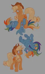 Size: 1220x2000 | Tagged: safe, artist:iksiudodi_, derpibooru import, applejack, rainbow dash, earth pony, pegasus, pony, appledash, applejack's hat, blushing, cowboy hat, duo, female, gray background, hat, image, jpeg, lesbian, lying down, mare, pinned, shipping, simple background, upside down